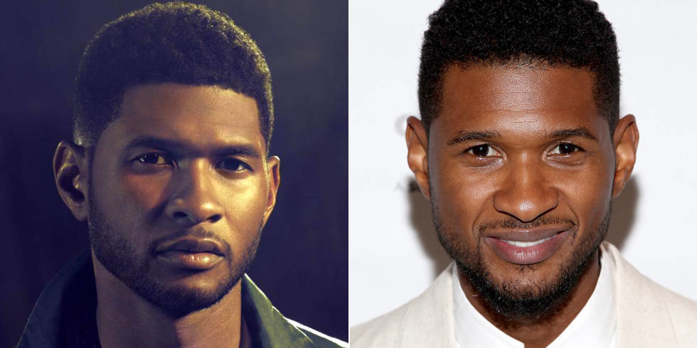 Usher's smouldering look in the studio image is different from his original, bubbly smile.