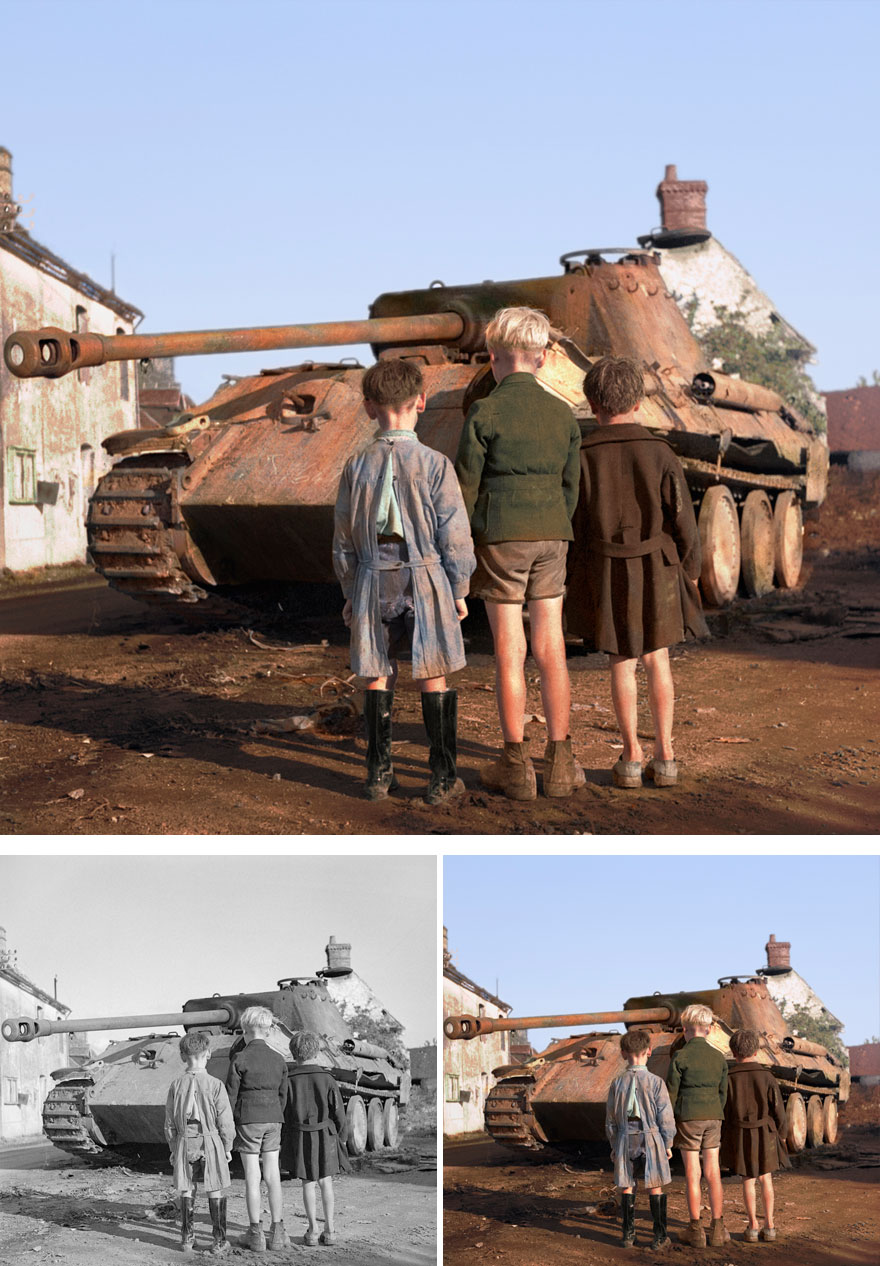 10. Three French Kids looking at a German tank