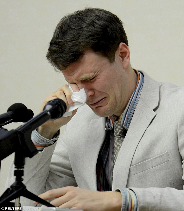 Warmbier, the detained University of Virginia student tearfully apologized for attempting to steal a political banner in this picture taken on February 29
