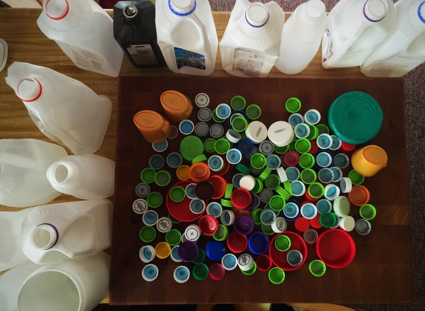 Over the course of a few months, this clever DIY'er saved any HDPE marked bottles, as well as plenty of container caps.
