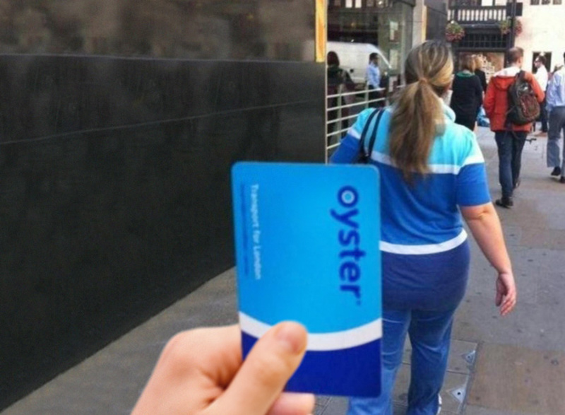 This lady's outfit and the oyster card. 