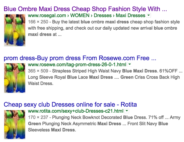 Searching by image on Google shows lots of Chinese clothing sites — even those that aren't apparently linked to Global Egrow — are using the same pictures to appeal to shoppers.