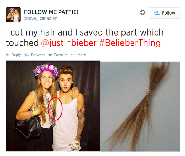 Kids today: She "saved" the piece of hair that touched Justin Bieber.