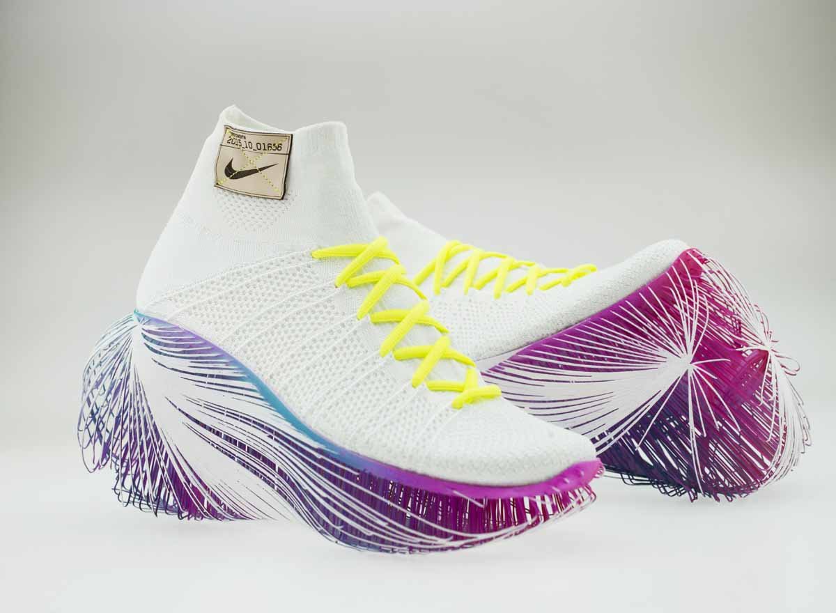 Another 3D-printed model has a completely offset sole, which is an extreme version of "modifying the sensation of running via the athlete's gate."