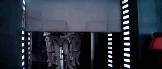 This classic Star Wars blooper made it into the movie. Watch the stormtrooper on the right -- you'll see that he hits his head on the door quite obviously.