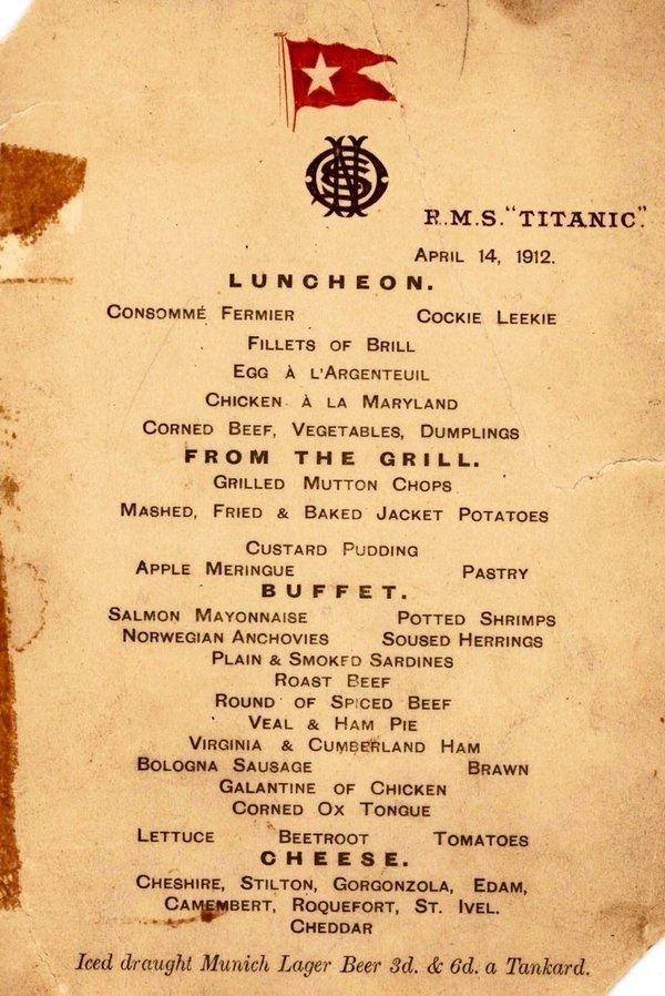 The first class menu was saved by first-class passenger Abraham Lincoln Salomon and is signed on the back by Isaac Gerald Frauenthal, a passenger from New York who probably had eaten lunch with Salomon that day.