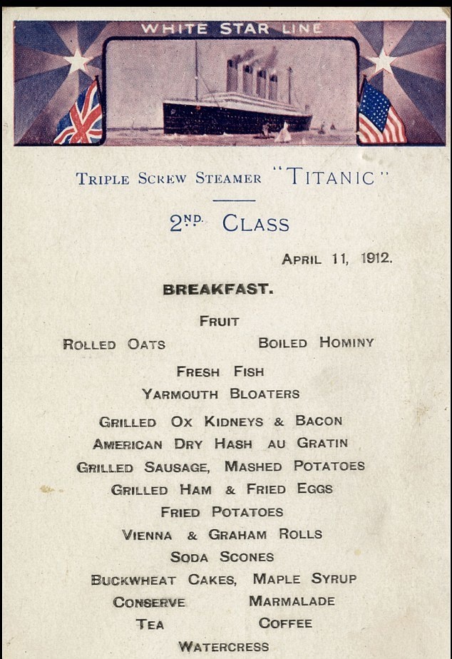 This is another saved menu, this time from just a few days before the ship crashed into an iceberg in the Atlantic. This menu was the breakfast offering for second class passengers.