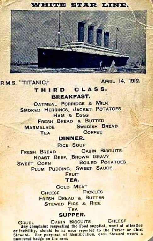 Third class passengers suffered the most from the tragedy, as first and second class passengers were given priority on the lifeboats. Of the 1,500 people that lost their lives, most of them were from third class or the crew. This is what they would have eaten on their final day.