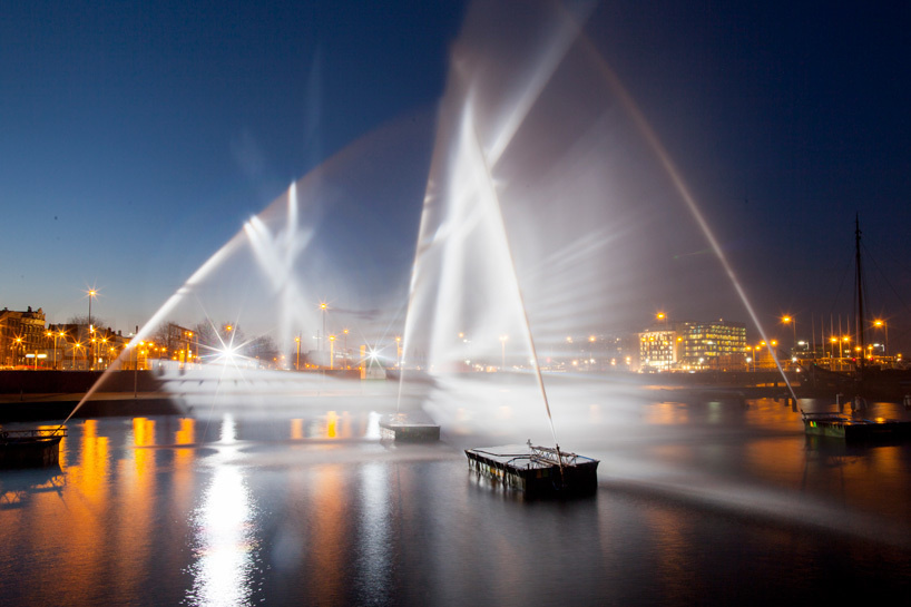 The legend of the 17th century "Flying Dutchman" ship was brought to life in Amsterdam with the help of water hoses, 3D projection, and stage lights. 
