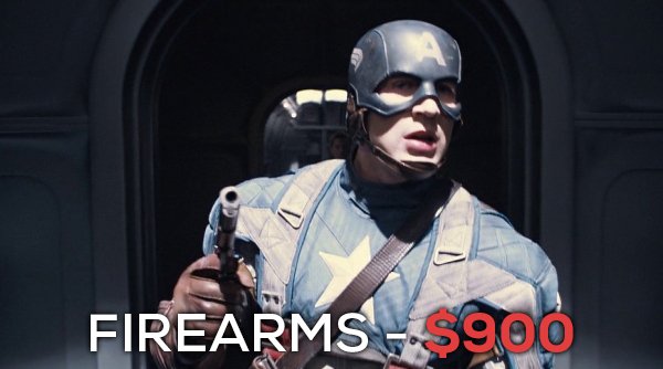 When he's not using his shield Captain America has also been known to carry a gun. The standard issue for the US Military is the Beretta M9, which costs around $900.