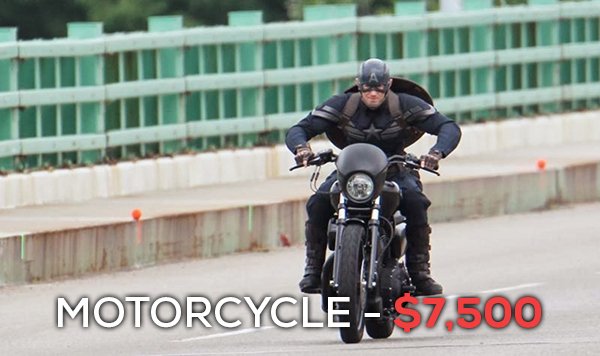Captain America rode a 2014 Harley-Davidson 750 in 'Captain America: The Winter Soldier' and 'Avengers: Age of Ultron' that will set you back around $7,500.