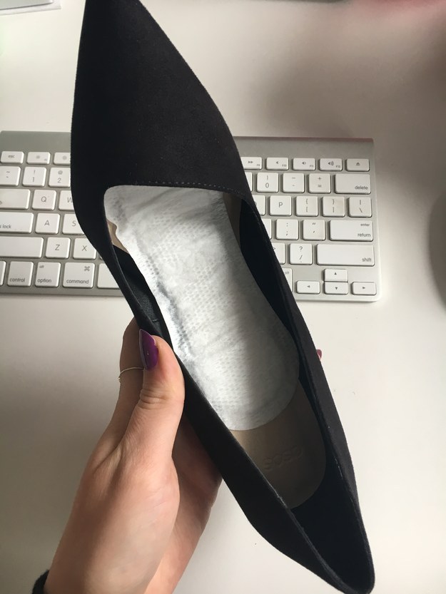 Line the inside of a shoe with a panty liner to absorb sweat and to keep your foot from slipping.