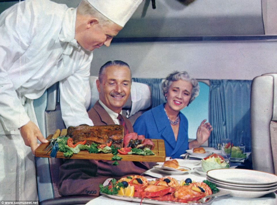 The photographs were from the 1950s to 1980s. Above, a couple choose between slices of meat from the carving board or a lobster from the platter in the 1950s 