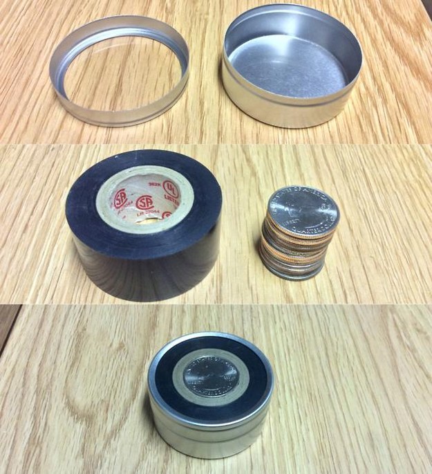 And these quarters, this roll of tape, and this tin all get along perfectly, unlike Shawn and your family.