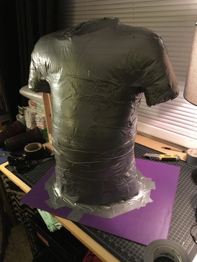 First he built this form out of a shirt, some stuffing, and a whole lot of duct tape to further prove that duct tape is the most versatile material on the planet.