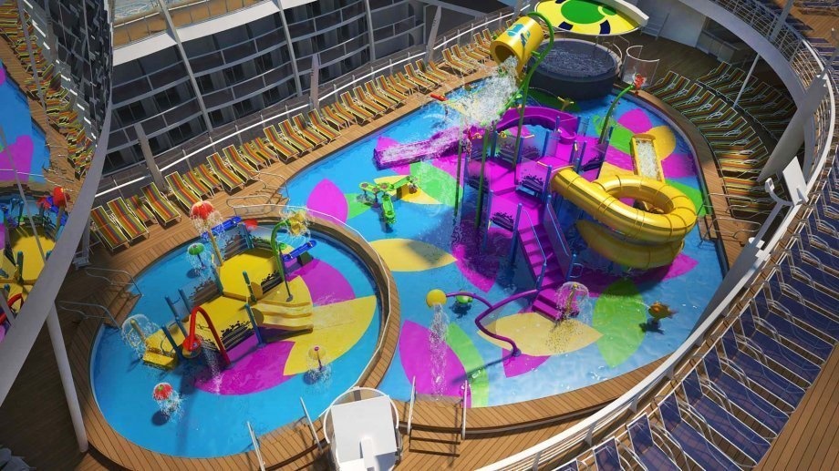 The waterpark features water cannons, slides, and waterfalls. 