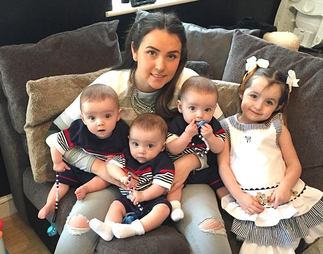 The triplets' mother Becki-Jo Allen (pictured with the triplets and her daughter Indiana) was shocked to find out the three little cuties are all identical