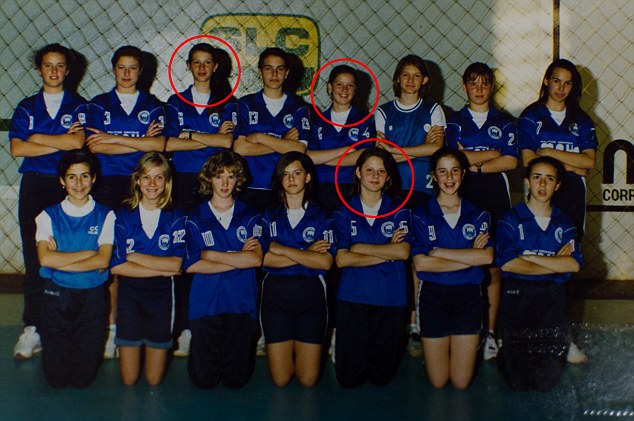 Success: Thanks to Gisele's height - she was 5ft11 at just 14 years old - she was also the star of the volleyball team at her school in Frederico Jorge Logemann college in the small town of Horizontina, near to Brazil's border with Argentina. Pictured Gisele (circled back row left), Patricia, (circled back row right),  and their friend Graziela Rodrigues (circled front row)