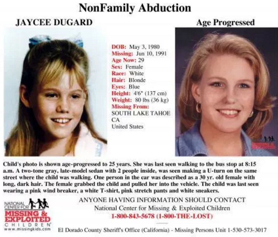 Jaycee's missing child poster with an age progression image. 