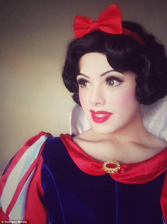 Richard Schaefer from Fullerton, Orange County, has spent years perfecting himself into a Disney princess - above he is seen dressed as Snow White