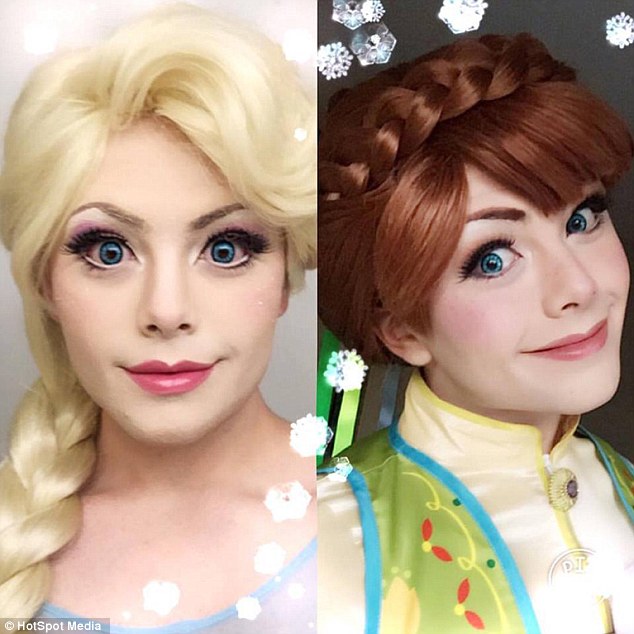 Steady hand: The native-born Mexican (dressed as Frozen sisters (l-r) Elsa and Anna) has learned how to professionally apply make-up to achieve the perfect doe-eyed look
