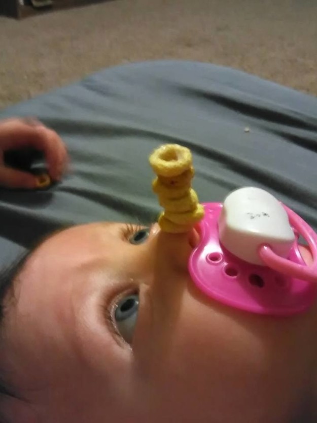 Others have taken great risks, stacking Cheerios upon their babies who are awake.