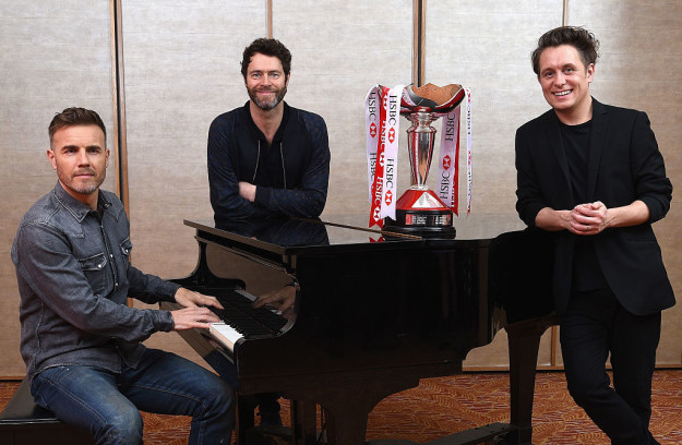 Gary Barlow, Howard Donald, and Mark Owen of Take That in 2016. They still perform as the band.