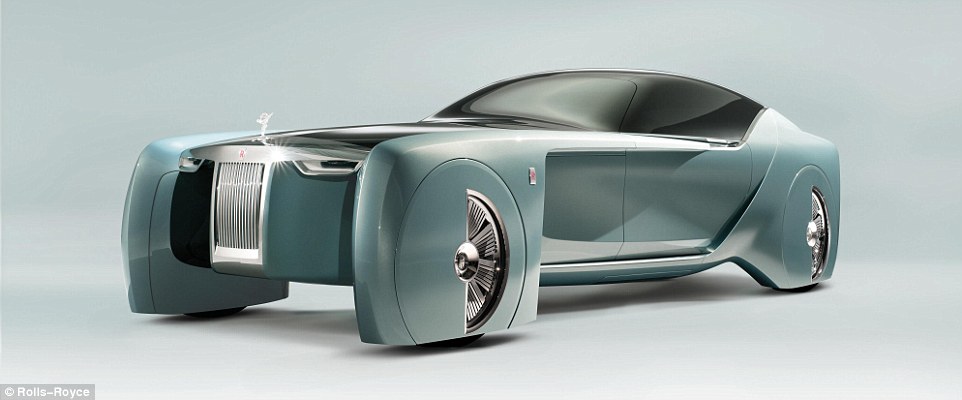 The six metre-long vehicle, dubbed the Rolls-Royce 103EX, has a canopy roof, covered wheels and a curved body