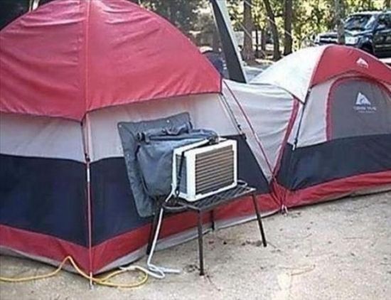 When you're a camping veteran and still need an air conditioning unit hooked up to your tent.