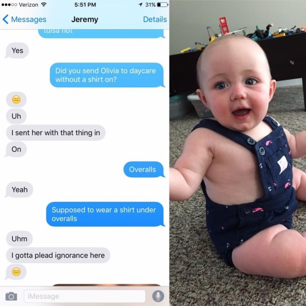 When she picked Olivia up at day care later, she saw what her husband had chosen and thought it was hilarious. She texted him, and a pretty funny conversation ensued.