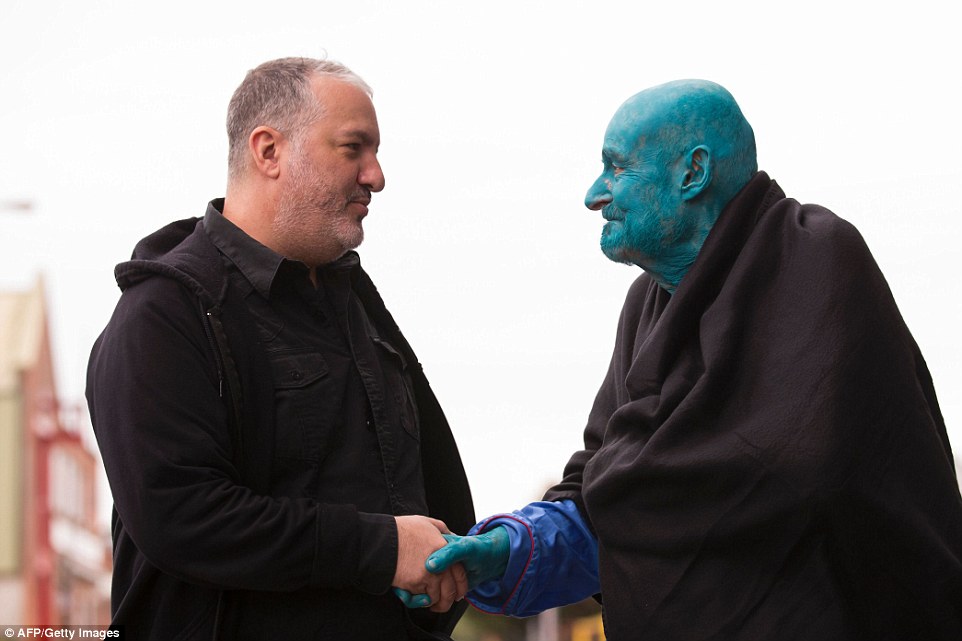 Mr Tunick, left, pictured with the oldest participant Stephane Janssen, 80, has previously created large-scale installations in Gateshead and Salford
