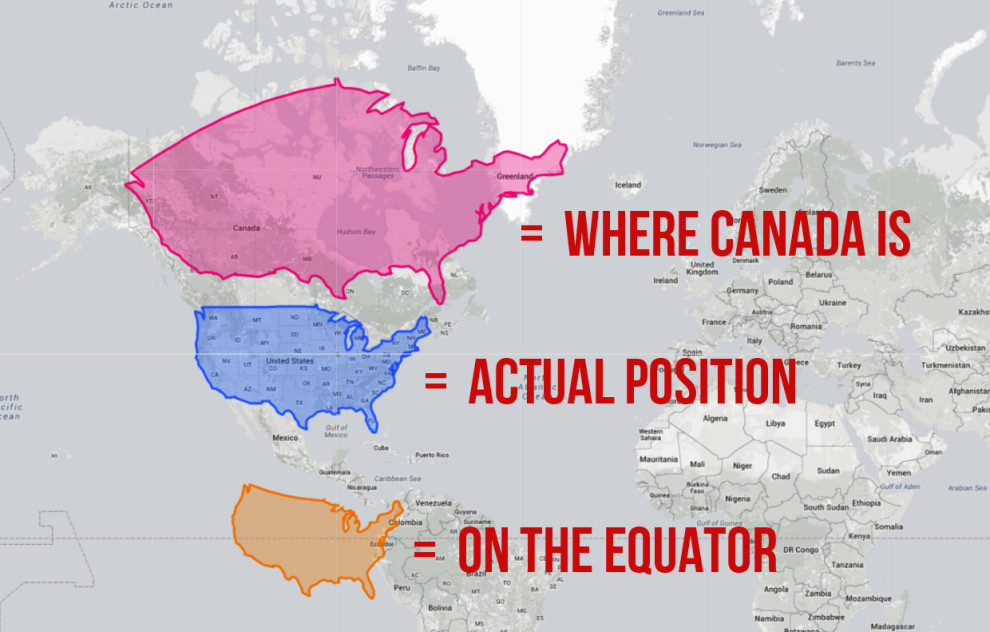 Firstly, you can see how the size of the US drastically changes as you move it north or south.