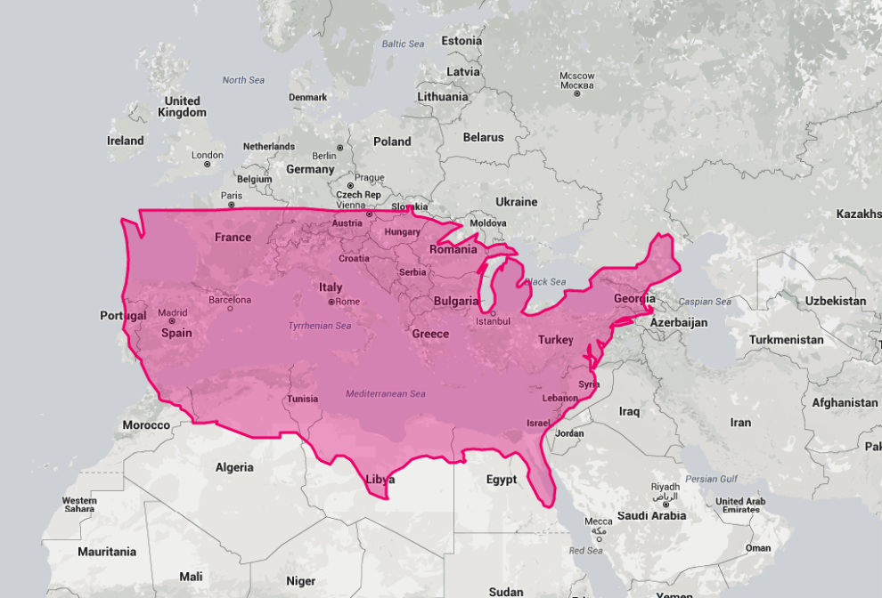 This map shows how big the USA is compared with Europe, but it also does something else rather interesting...
