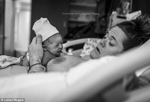 Bonding: The black and white photos show Harper's journey to her mother's breast