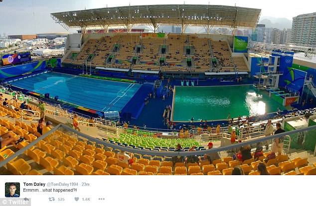 Bronze medal winner Tom Daley noticed the pool had changed colour yesterday, tweeting: 'Ermm... what happened?!'