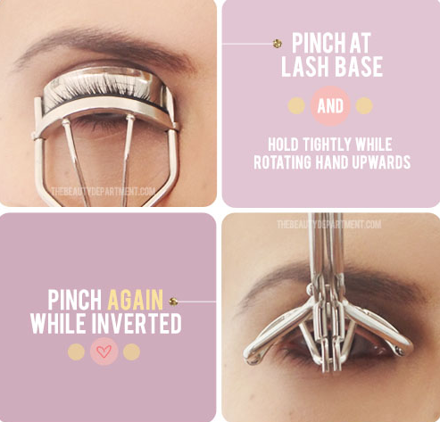 Fully curl your lashes by pinching at the base and then pinching again with the curler inverted.