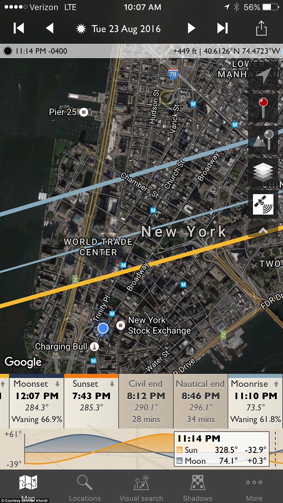 A screenshot of The Photographer's Ephemeris, the software that enabled Khordi to calculate the precise location of the moon and the moment it would appear directly behind the Freedom Tower