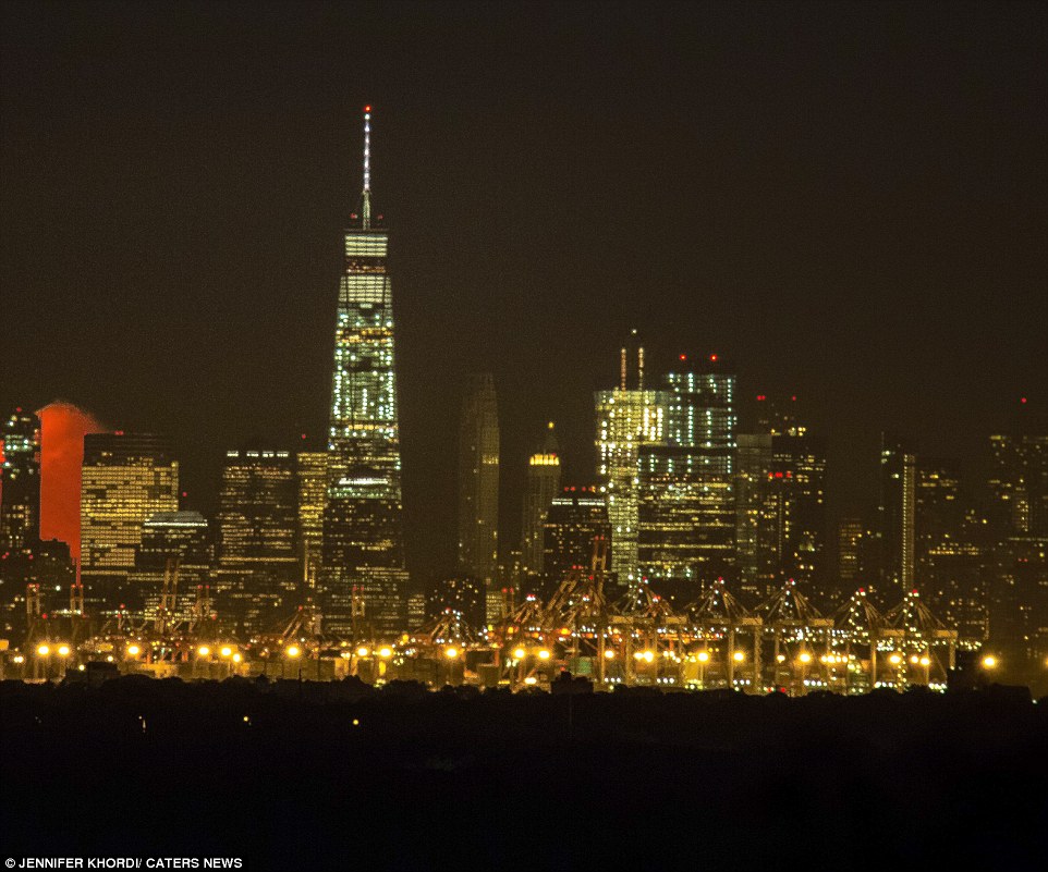 The initial moonrise allowed for a view that placed the earth's satellite slightly to the left of the Freedom Tower