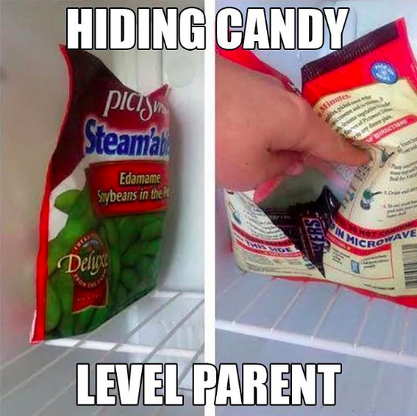 Keep your candy safe from your kids by stashing it inside a healthy snack’s empty packaging.