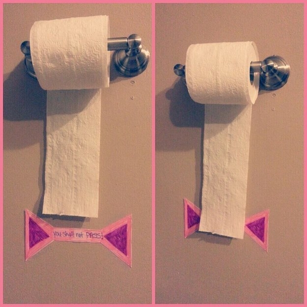 Stop your kid from using too much toilet paper by putting up a “You Shall Not Pass” sign.