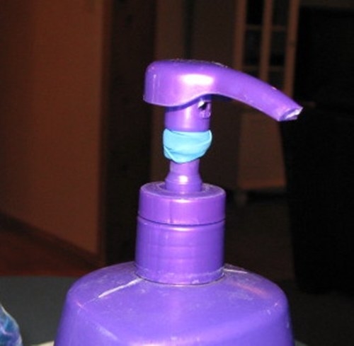 Stop your kid from squirting out too much soap by adding a rubber band to the head of the dispenser's pump.