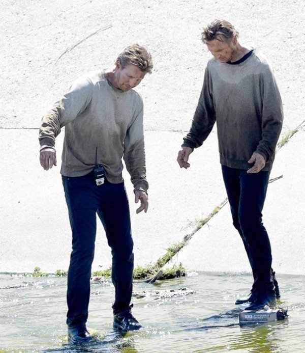Liam Neeson And His Stunt Double Mark Vanselow On The Set Of Taken 3