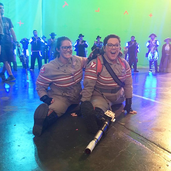 Melissa McCarthy With Her Stunt Double Luci Romberg On The Set Of Ghostbusters