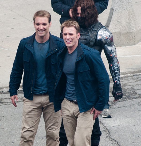 Chris Evans With His Stunt Double On The Set Of Captain America 2: The Winter Soldier