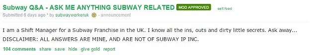 The anonymous UK manager instructed users to 'ask me anything Subway related'