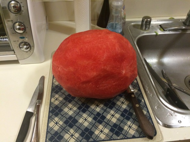 This very freaky completely peeled watermelon.