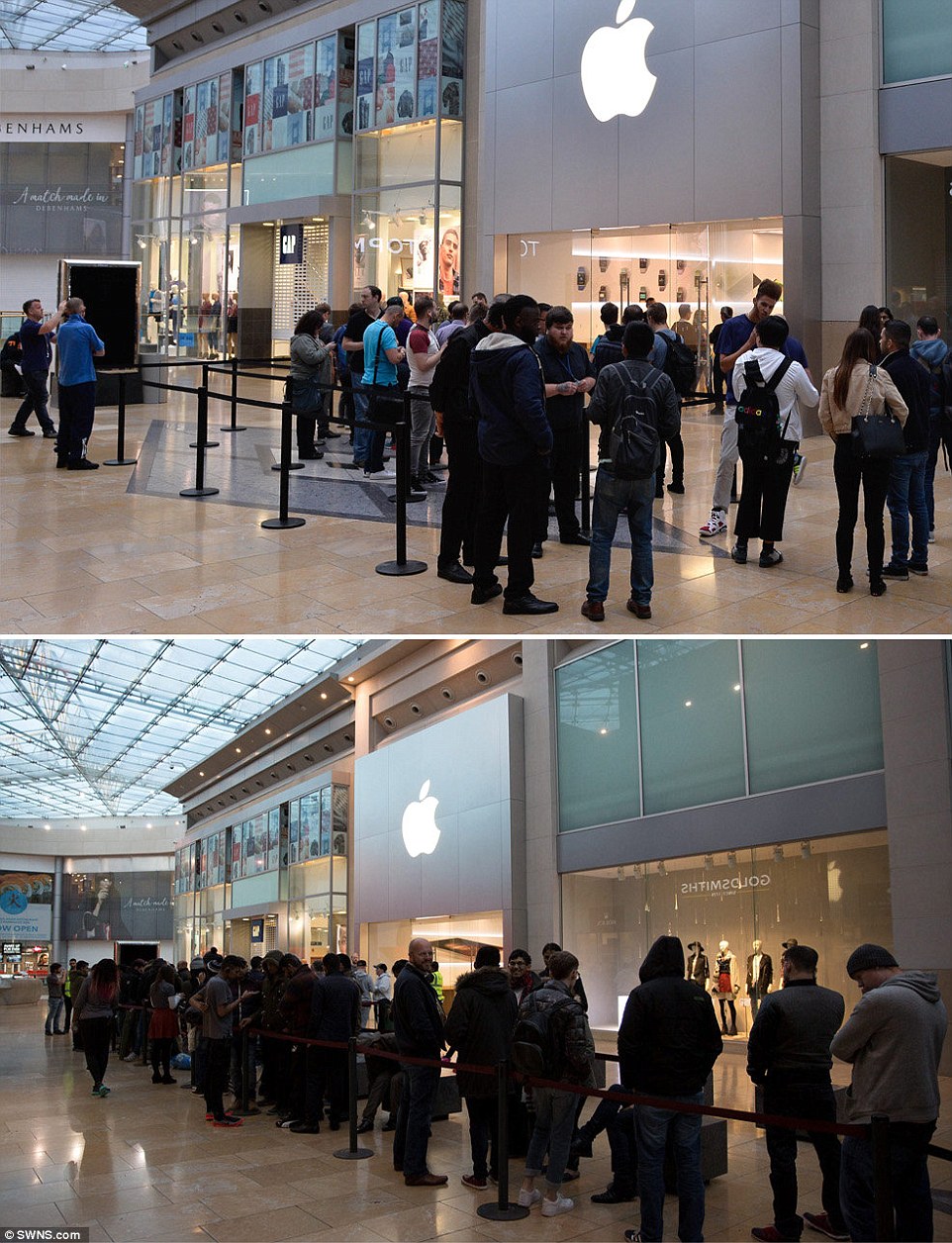 The apple shop in Birmingham's bull ring shopping centre opened to a queue of just 10 people this morning (top) - compared to a larger number last year ahead of the launch of the new iPhone 6S and 6S+ (bottom)