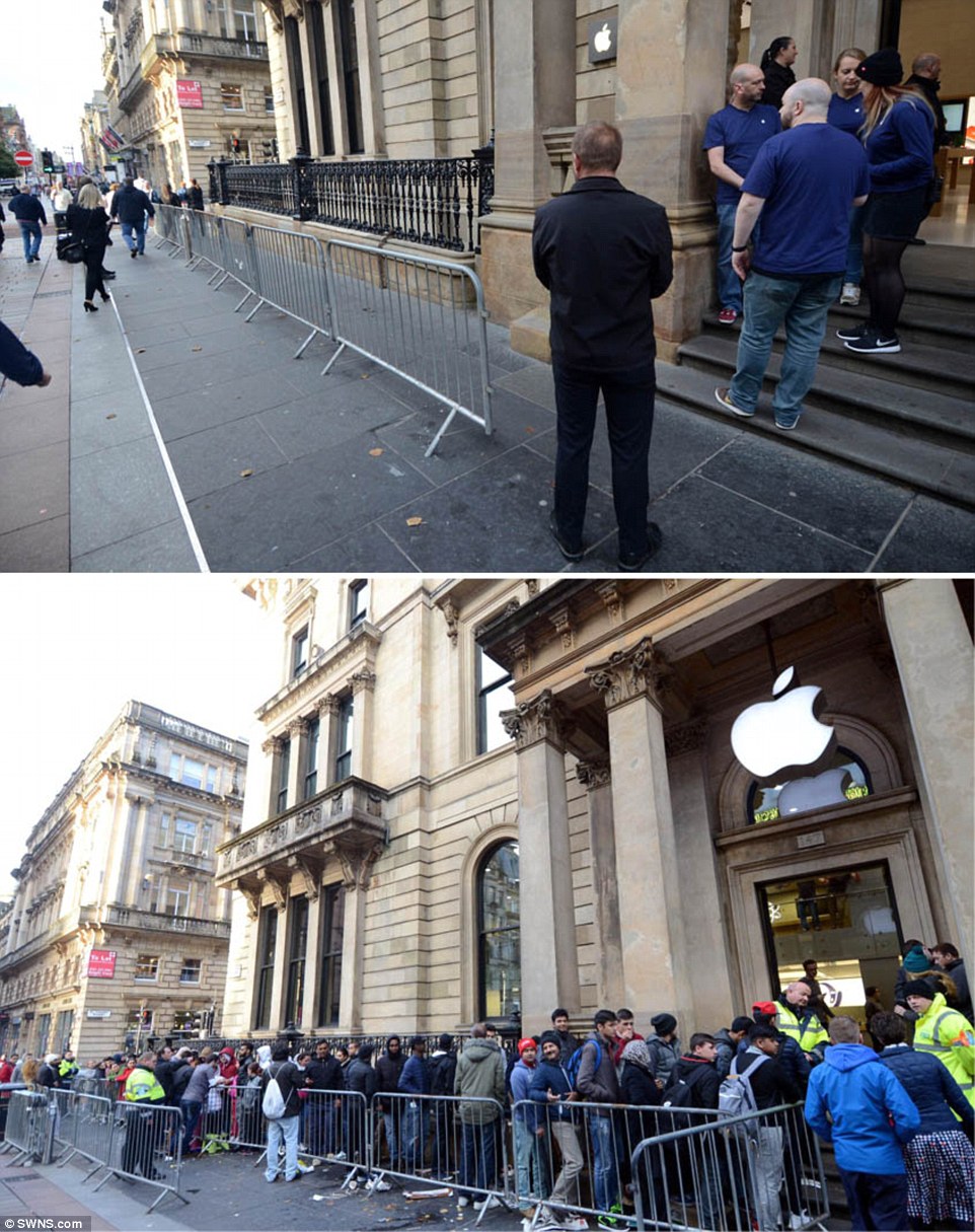 There were barley any queues outside the Apple Store in Glasgow this morning (top) - in stark contrast to the last year's scene when hundreds queued, many overnight, for the new iPhone 6s (bottom)