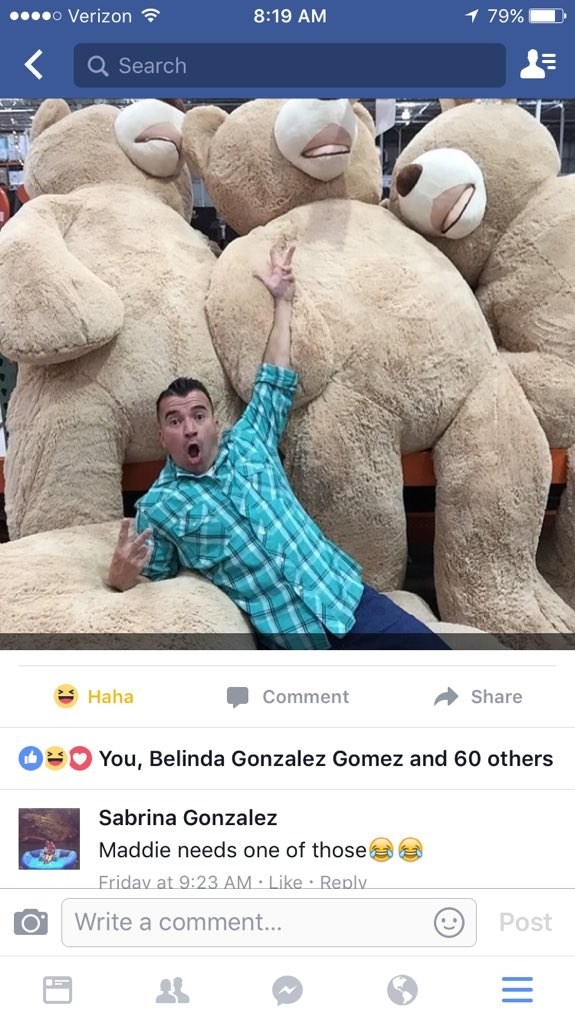 Last Friday, Gonzalez's dad, who works at Costco, posted a photo of himself in front of a shipment of comically ginormous teddy bears. Gonzalez jokingly commented on the photo saying Madeline "needs one of those."