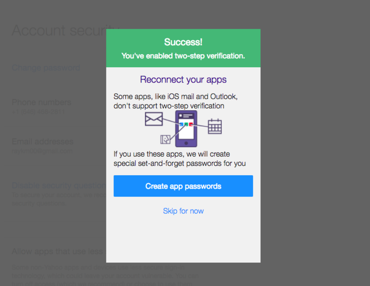 Setting up two-factor authentication on Yahoo.